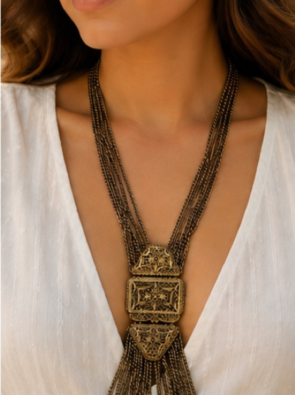 Chunky Boho Gold Tone Multi Strand Filigree Tassel Statement Necklace - Picture 3 of 11